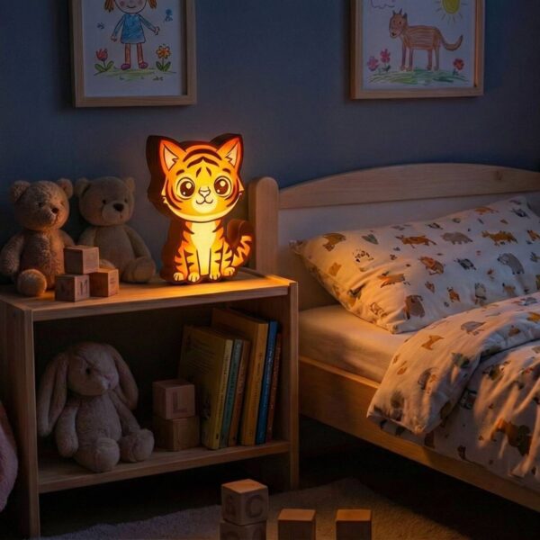 Tigris alakú éjjeli lámpa led világítással gyerekeknek segít az elalvásban