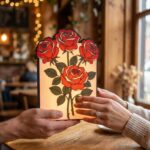 vörös rózsacsokor örökvirág dekor lámpa led világítással romantikus nőnapi ajándék