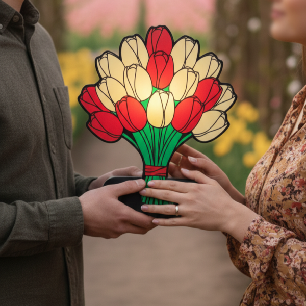 tavaszi tulipáncsokor dekor lámpa romantikus nőnapi ajándék