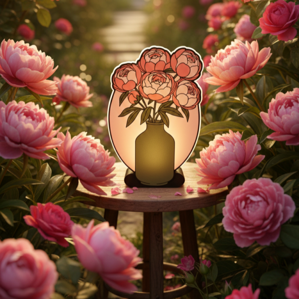 rózsaszín bazsarózsa dekor lámpa kertben